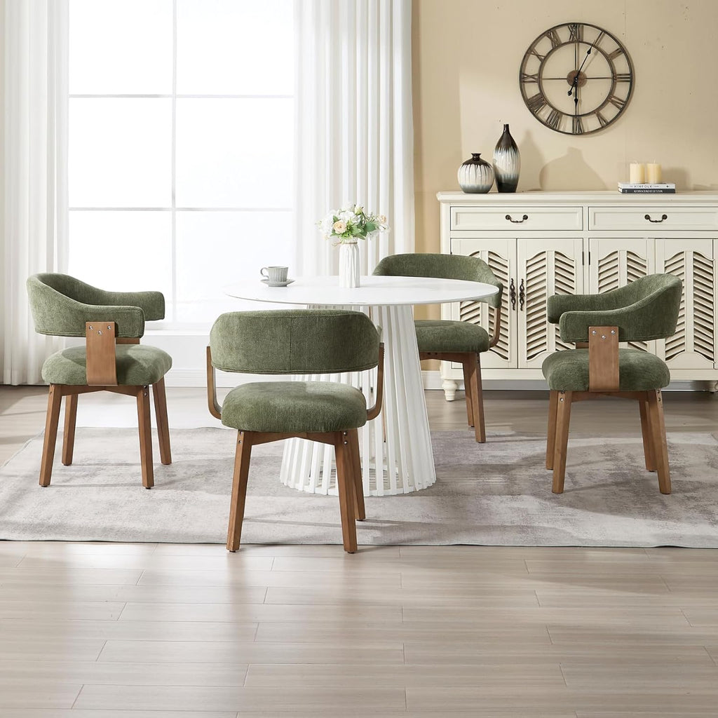 ROCITY Green Dining Chairs Set of 6 Upholstered Dining Room Chairs, Mid Century Modern Kitchen Chairs with Curved Backrest and Wooden Legs for Dining,Living Room