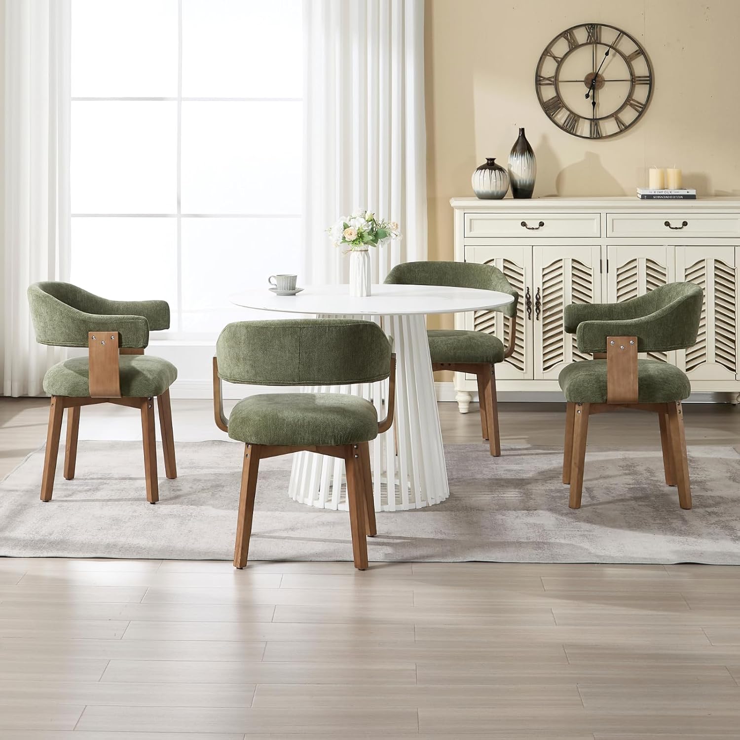 ROCITY Green Dining Chairs Set of 6 Upholstered Dining Room Chairs, Mid Century Modern Kitchen Chairs with Curved Backrest and Wooden Legs for Dining,Living Room