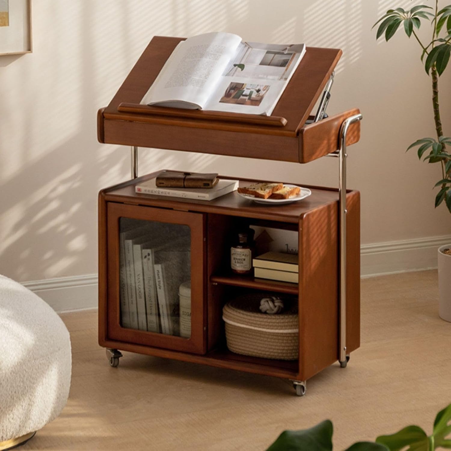 Solid Wood Storage Cabinet with Wheels, Lift Side Table with Adjustable Angled Countertop, Removable End Tables Storage Shelves for Living Room and Bedroom