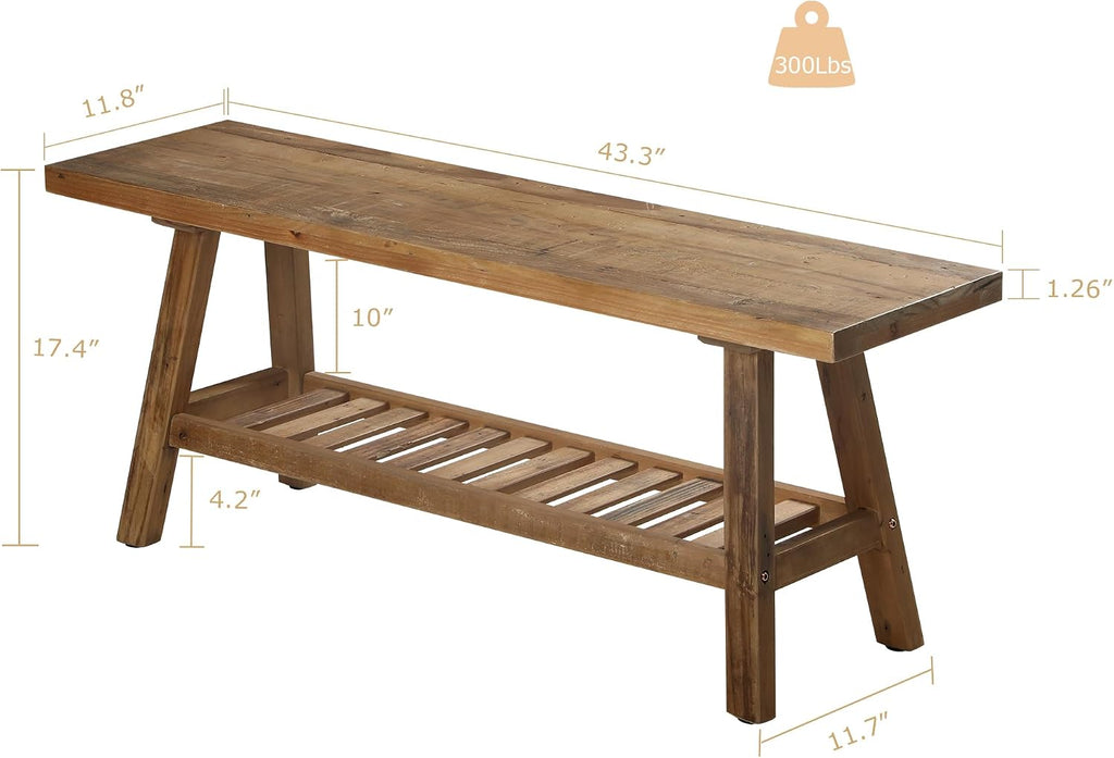HOKYHOKY Reclaimed Solid Wood Bench-43.3" Entryway Bench with Storage Shelf | Farmhouse Narrow Rustic Bench, Hallway, Kitchen, Bedroom, Dining, Indoor