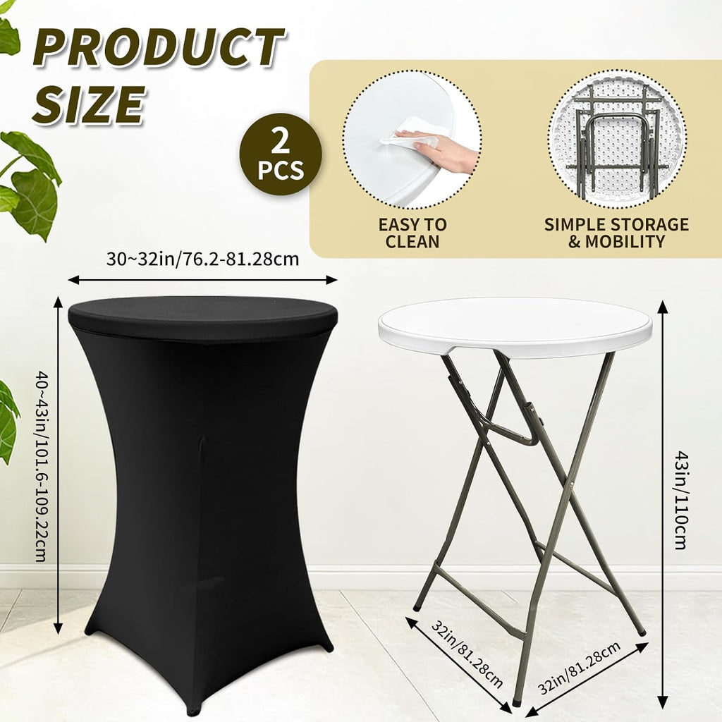 2 Sets 32" High Top Round Folding Cocktail Tables White Bar Height with Removable Legs & 32"x43" Spandex Stretch Black Table Covers Hightop Table for Outdoor Indoor Wedding Parties
