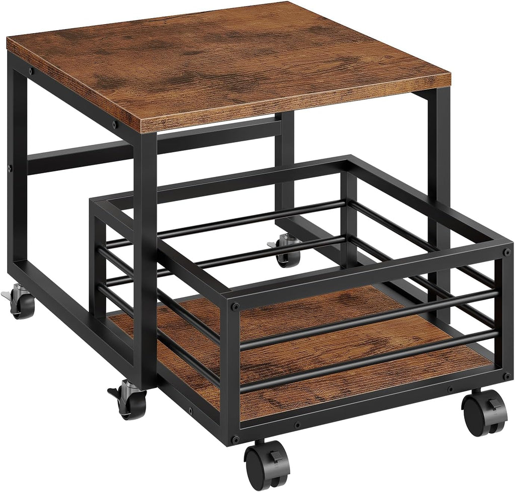 HOOBRO End Table, Mini Fridge Stand with Storage, Mini Fridge Table with Wheels and Adjustable Feet, Sturdy Metal Frame, for Living Room, Bedroom, Office, Rustic Brown and Black BF155TL01