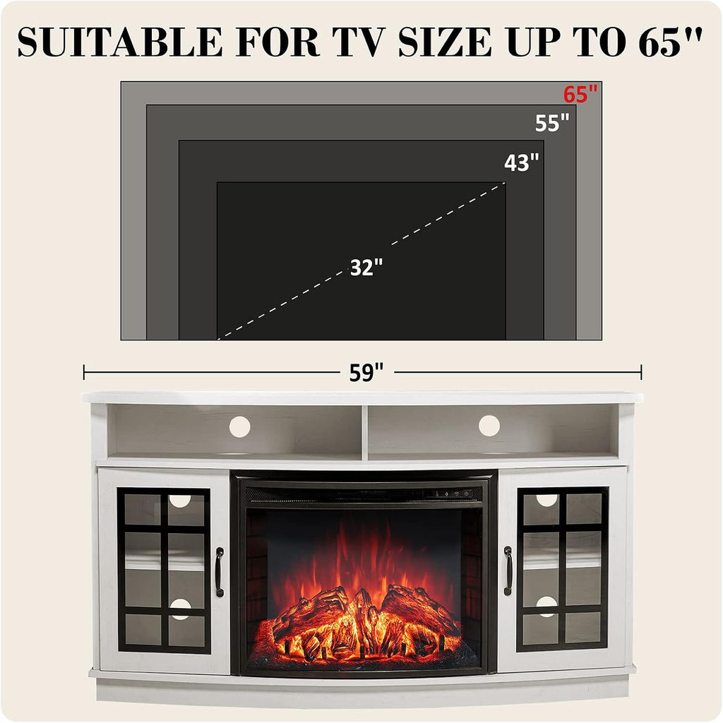 LUXOAK 59" Curved Fireplace TV Stand with Storage Cabinet for TVs Up to 65" | Built 26" Electric Fireplace, Farmhouse Entertainment Center with Open Shelves, Media TV Console for Living Room, White