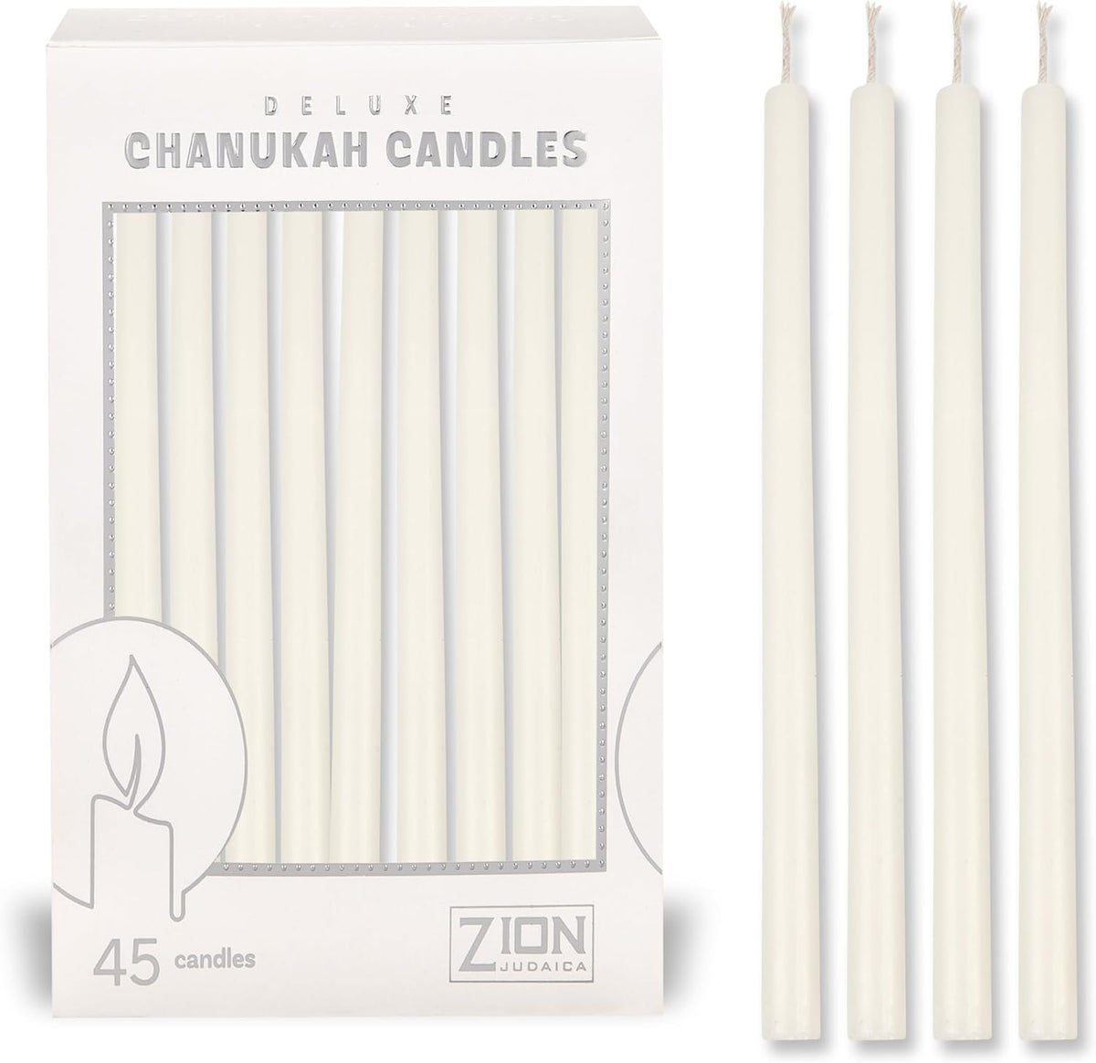 5.25" Premium Dripless Hanukkah Candle Bundle of 45 Solid White Tapered Candles for Standard Chanukah Menorahs Birthday Party Celebration Candles for 8 Nights of Hanukah W/DIY Dreidel