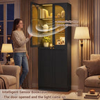 Cyclysio 80" Kitchen Pantry with 3 Motion Sensor Lights, Tall Arch Storage Cabinet with Tempered Glass Doors, Wood Floor Cupboard with Baseboard Cutout for Dining Room, Living Room, Bathroom