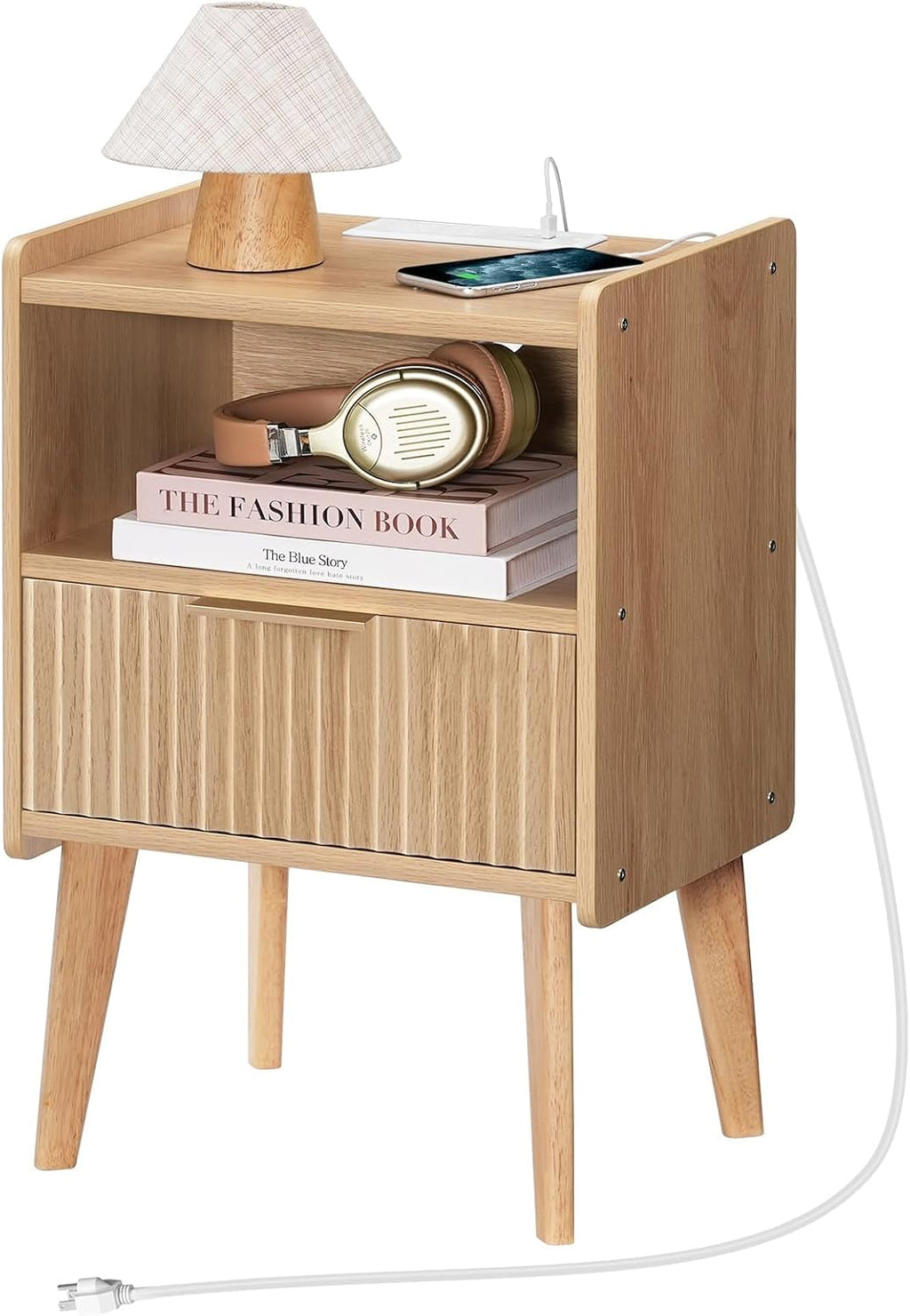 MAHANCRIS Natural Nightstand with Charging Station, Modern Bedside Table with Drawer and Storage Shelf, End Side Table with Solid Wood Legs, Night Stand, Living Room, Bedroom, Small Space, ETNA61E01