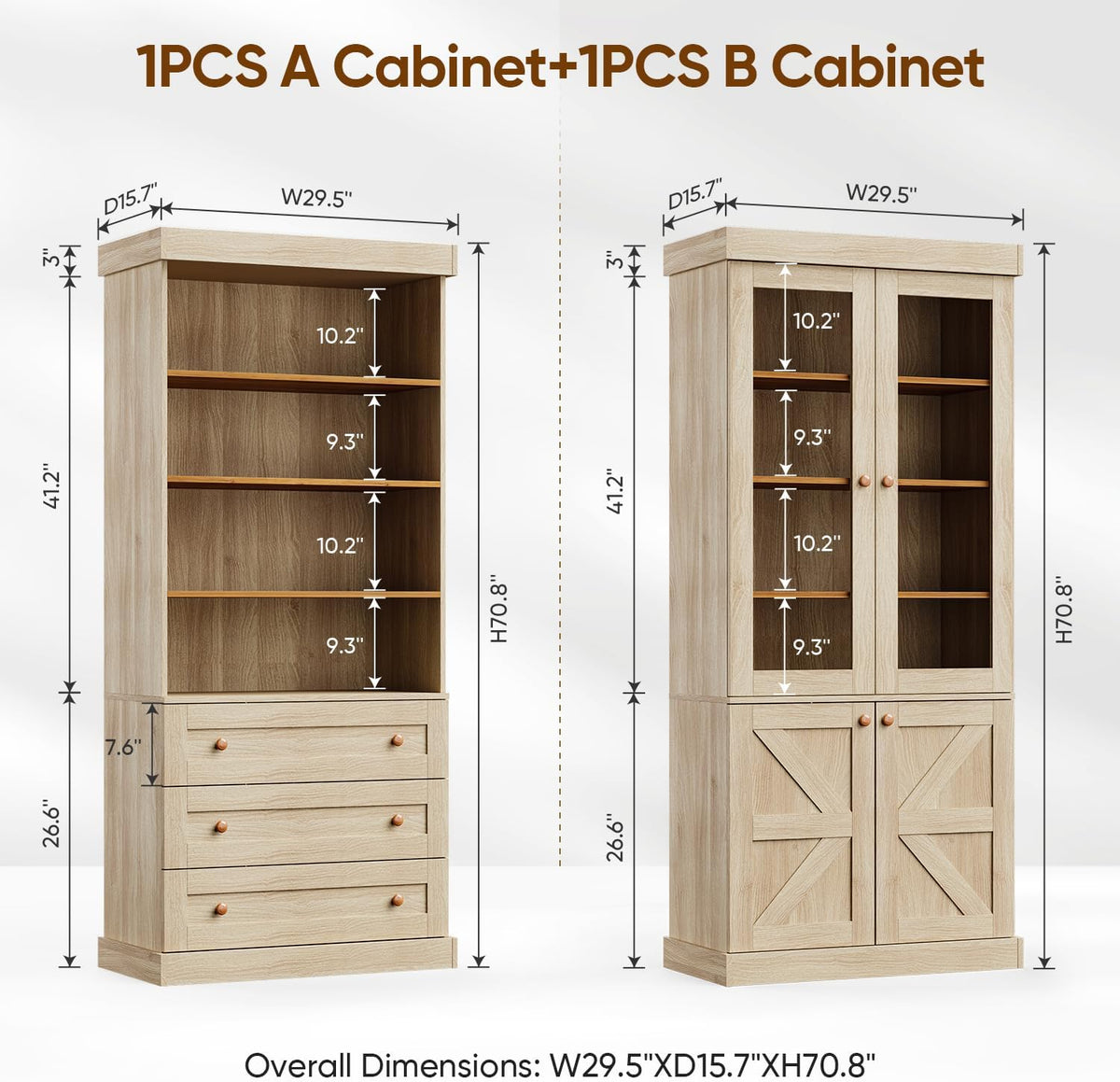 71" Tall Farmhouse Kitchen Pantry, Large Storage Cabinet with Glass Doors, Adjustable Shelves, 3 Drawer, Wood Versatile Hutch Cabinet for Dining Room, Living Room，Brown，4pcs