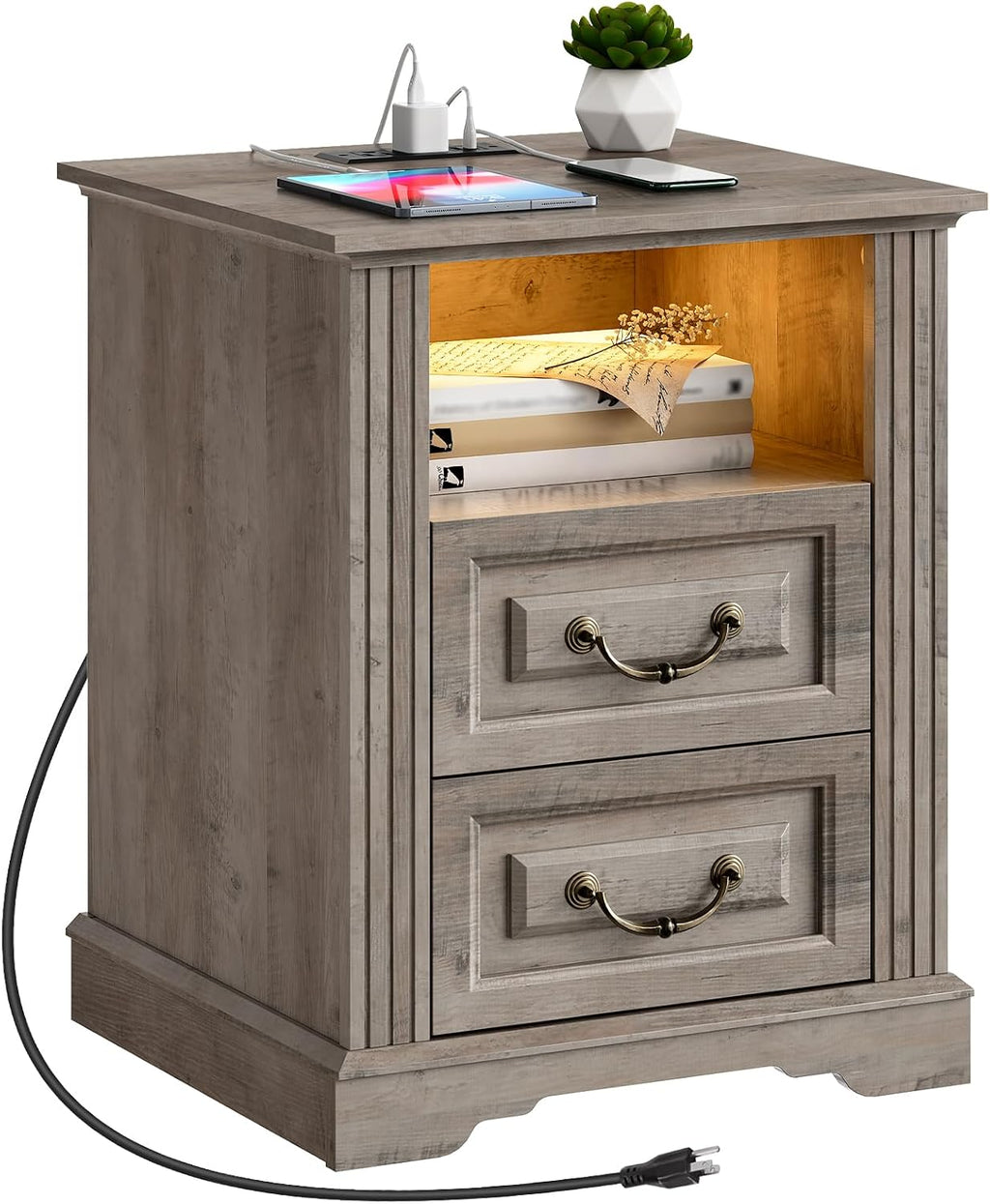 RALGEND Farmhouse Nightstand with Charging Station, Night Stand with 2 Drawers, End Tables Living Room, LED Bed Side Table with Open Shelf, End Table for Bedroom, Living Room, Greige