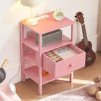 Lerliuo Nightstand with Charging Station and USB Ports, 3-Tier Storage Pink End Table with Drawer Shelf, Night Stand for Small Spaces, Wood Bedside Table for Living Room, Bedroom - ‌Light Pink