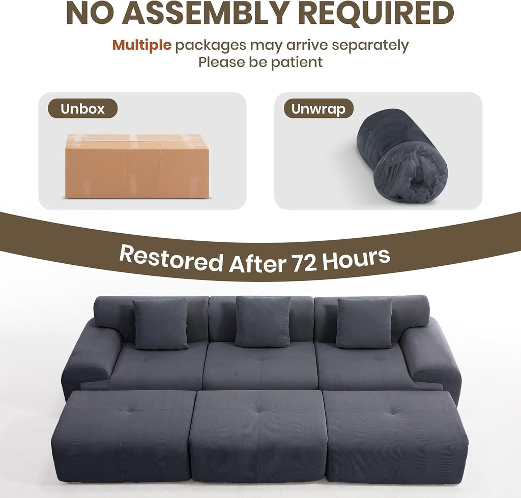 L-Shaped Modular Sectional Sofa, Sectional Couch, Oversized 3-Seater Cloud Couch with Deep Seat and Movable Ottoman for Living Room, Apartment (Gray, 3 Seater with 2 Ottoman)