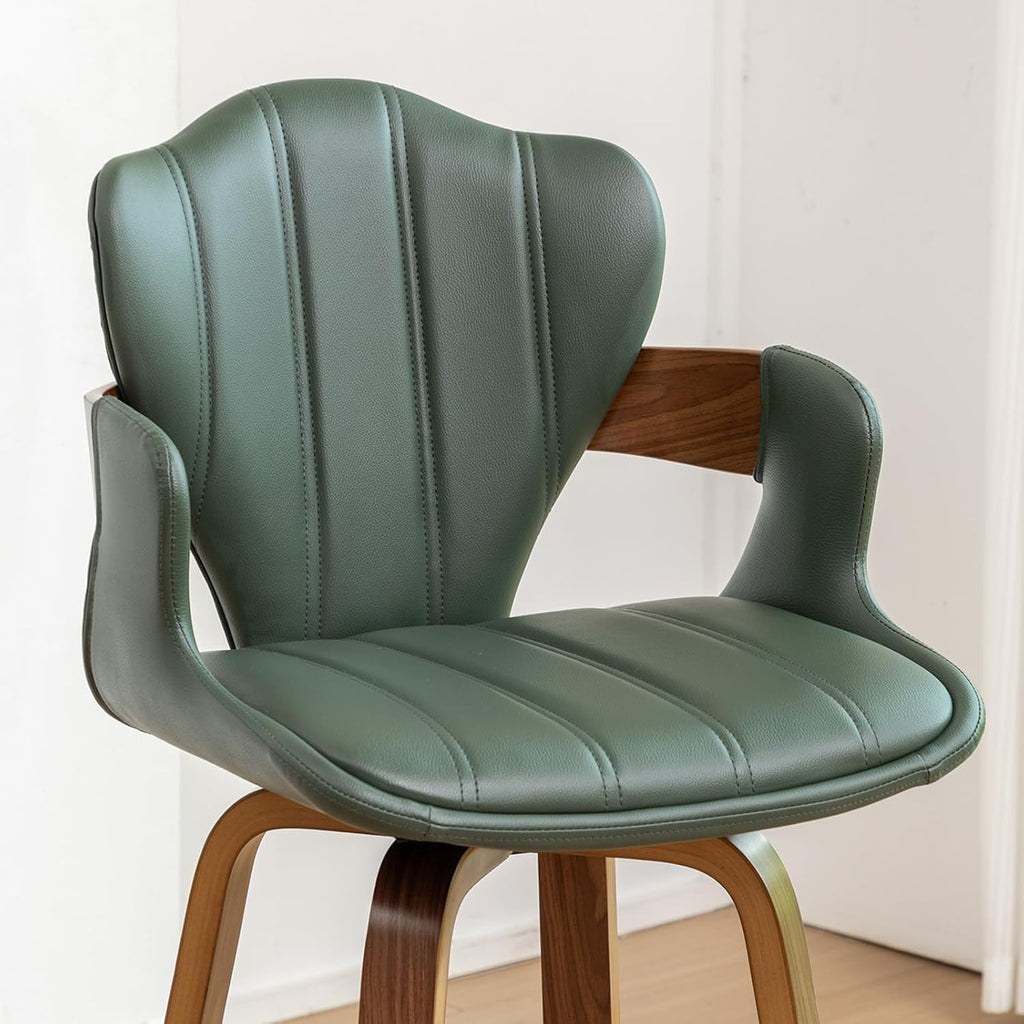 24.8" Swivel Bar Stools Set of 3,Mid Century Modern Counter Height Bar Stools,Green Upholstered Faux Leather Counter Stools with Arms and Fishtail-shaped Back,Walnut Wood Frame Home Bar Chair