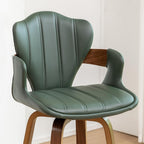 24.8" Swivel Bar Stools Set of 3,Mid Century Modern Counter Height Bar Stools,Green Upholstered Faux Leather Counter Stools with Arms and Fishtail-shaped Back,Walnut Wood Frame Home Bar Chair