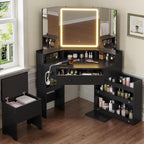 HAUOMS Corner Vanity Desk with Mirror Lights & Storage Bench, Black | Makeup Vanities with Drawers & Rotating Shelves, Power Outlet, 3 Light Settings, Dimmable for Women Girls