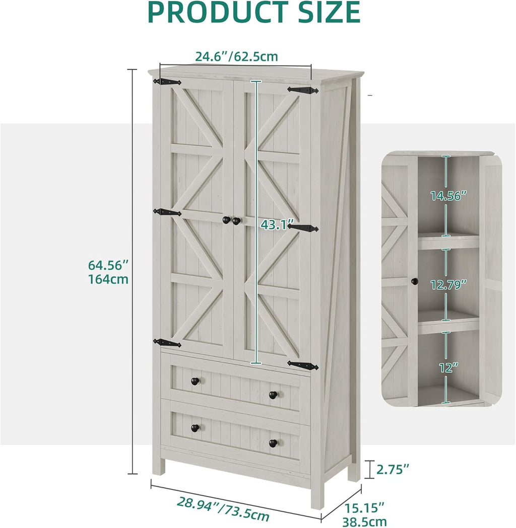 YITAHOME 64.5" Tall Kitchen Pantry Cabinet, Farmhouse Pantry Storage Cabinet with 2 Drawers & Adjustable Shelves, Ideal for Living Room, Kitchen or Hallway, White