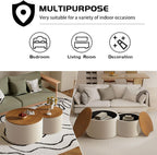 26.8" Nesting Round Coffee Table Set of 2 with Storage | Stackable Round Side End Table Nesting Set, White Upholstery, Wood Frame, Built-In Storage, For Small Living Space