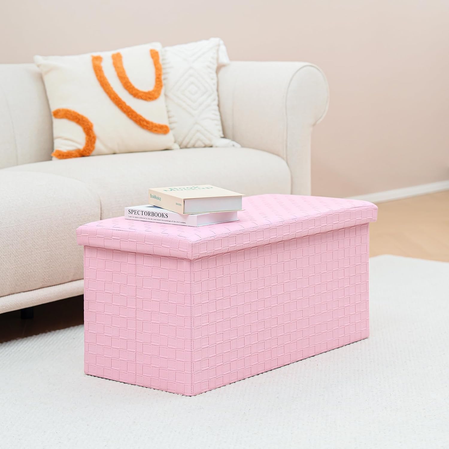 B FSOBEIIALEO Folding Storage Ottoman Bench, 30" Faux Leather Ottomans,Pink | Large Ottoman Foot Rest Padded Seat, Long Storage Bench Chest Box for Bedroom Living Room Hallway