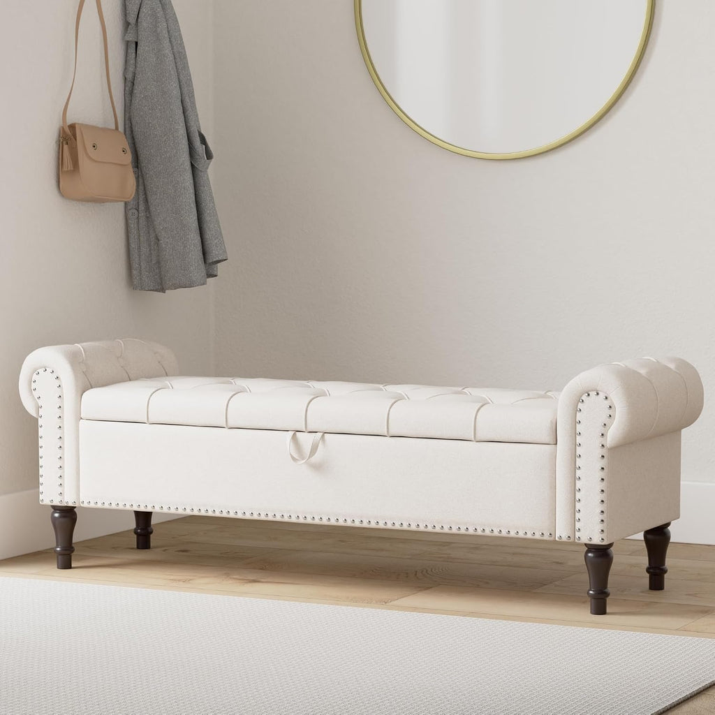 Cozyman Storage Bench Ottoman, 61" King Linen Rolled Arm Bedroom End of Bed Bench, Window Bench with Button Tufted and Nailhead Trim for Foot of Bed Bench, Bedroom, Entryway, Living Room, Linen Color