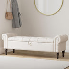 Cozyman Storage Bench Ottoman, 61" King Linen Rolled Arm Bedroom End of Bed Bench, Window Bench with Button Tufted and Nailhead Trim for Foot of Bed Bench, Bedroom, Entryway, Living Room, Linen Color