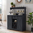 Wnutrees Farmhouse Coffee Bar Cabinet with Charging Station and USB, Black | 39" Kitchen Hutch Sideboard Buffet with Sliding Barn Door, Storage Cabinet for Dining Living Room