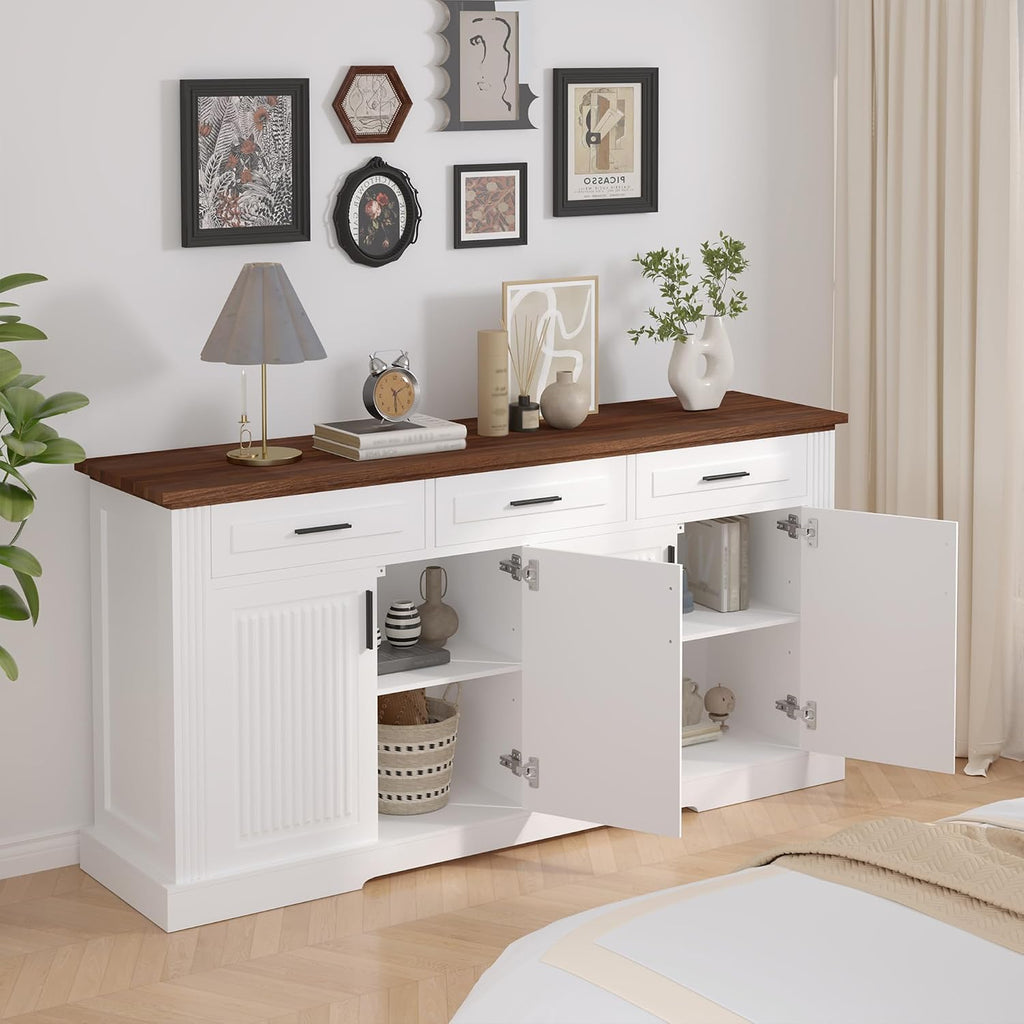 Modern Freestanding Storage Cabinet with Drawers Shelves and Countertop, Buffet Sideboard for Kitchen Living Room Entryway Office Coffee Bar (White-3 Drawer)