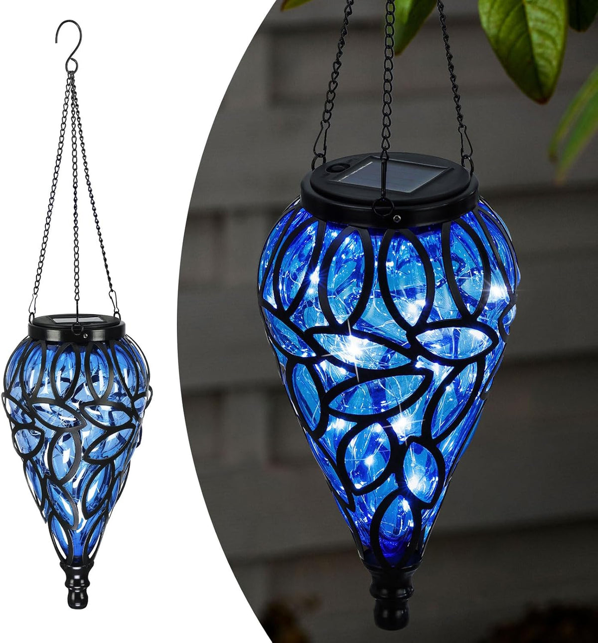 Solar Hanging Lantern Lights, Tear-Drop 15-LED – Cool White Outdoor Lights with S-Hooks