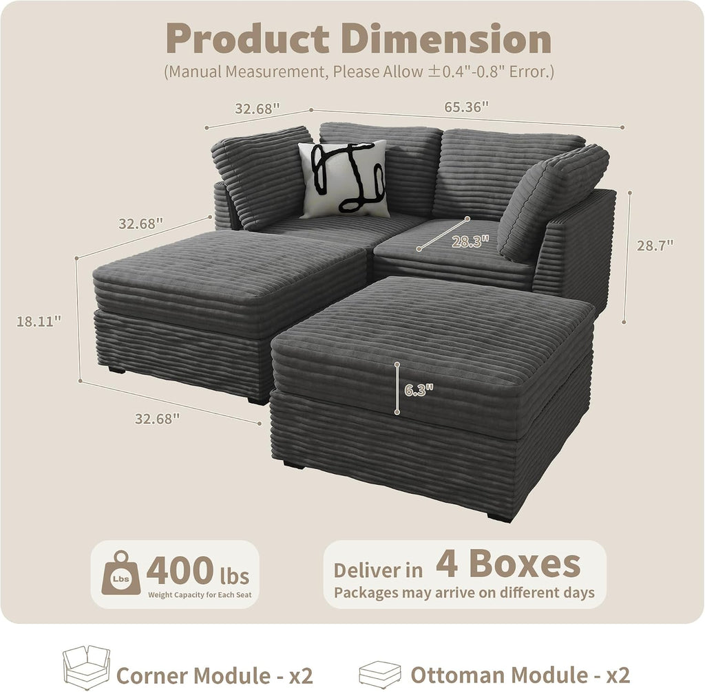 HOOOWOOO Cloud Sectional Couch,Modular L Shaped Sofa for Living Room,65x65 Free Combination 4 Seaters Couches Chaise Set with Ottomans(Wide Wale Plush Corduroy Charcoal Gray)