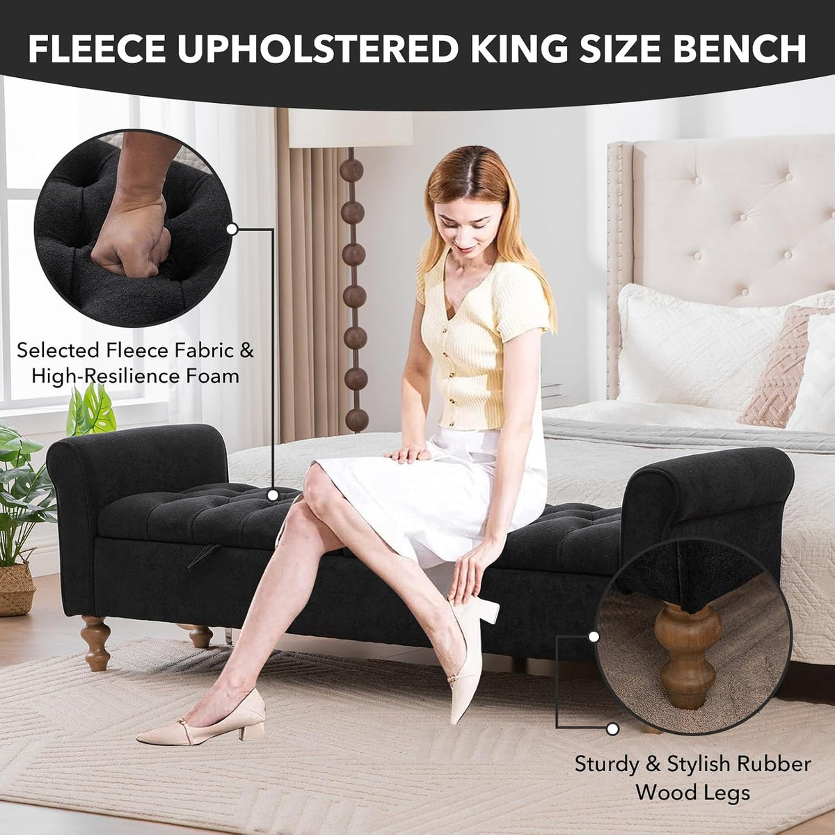 65" Oversize Storage Ottoman Bench, Fleece Upholstered End of Bed Benches with Rolled Armrest, Modern King Size Benches with Rolled Armrest, Window Bench (Black+Dual-Cover)