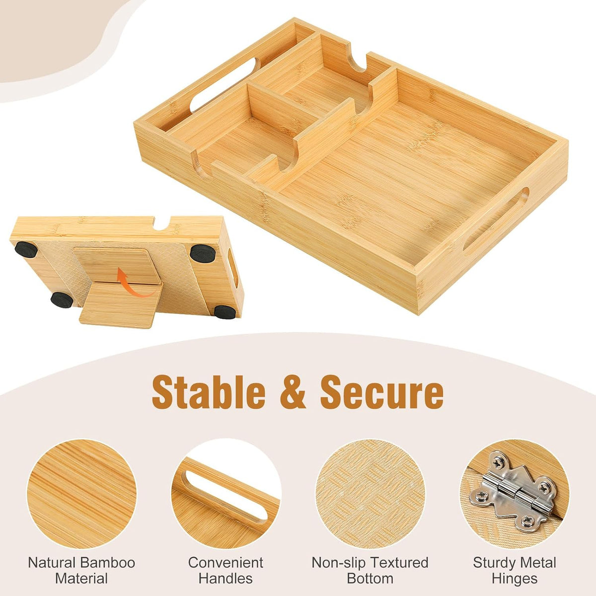 Couch Tray Insert for Middle Seat, Couch Table with 2 Cup Holders | Fits Armless Sofa & Sectionals, Sofa Armrest Organizer for Snacks, Drinks, Remotes, Phones, Bamboo