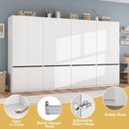 White Armoire Wardrobe Closet: 74" Wooden Wardrobe Closet with 8 Doors, Bedroom Armoires with Hanging Rod, Tall Closets Cabinet for Hanging Clothes (126")
