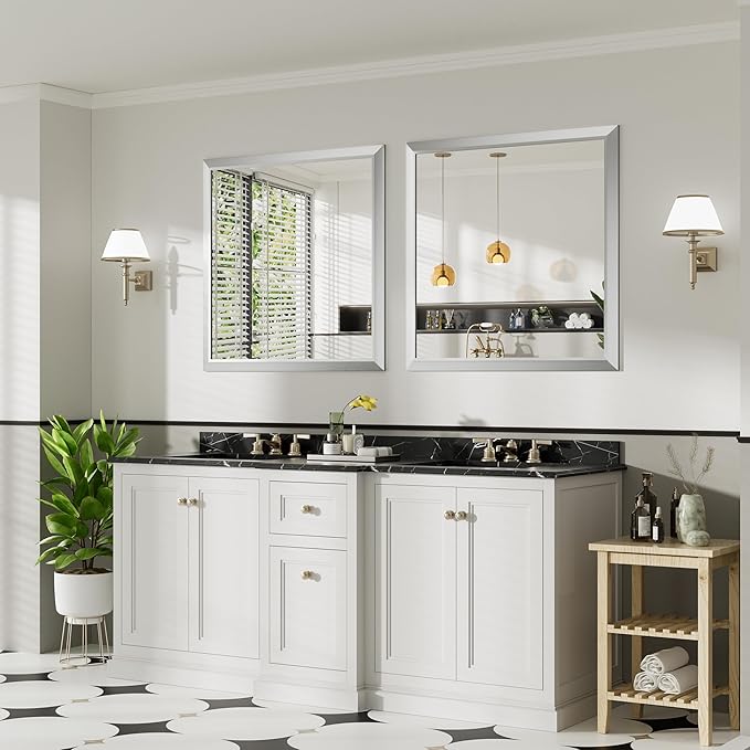 36x36 Inch Silver Bathroom Mirror for Wall, Thick Metal Framed Rectangle Mirrors for Over Sink, Bedroom, Living Room, Entryway, Anti-Rust, HD Tempered Glass