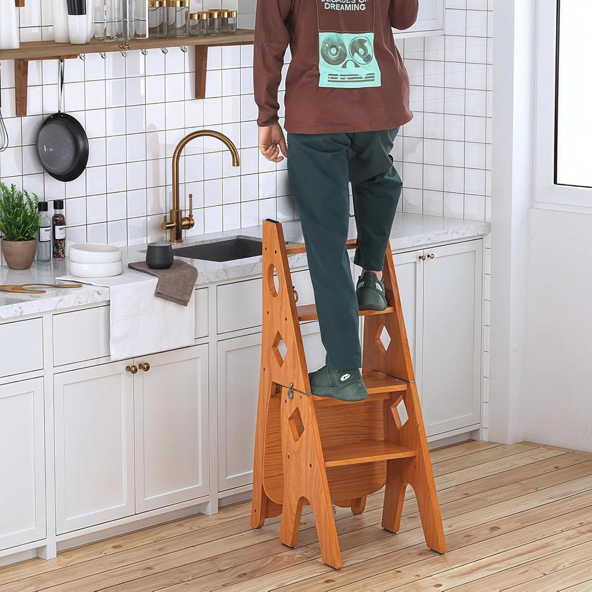 4 Step Wooden Folding Library Ladder Chair with Seat, Multifunctional Step Stool, Lightweight Portable Ladder Shelf, Stepladders Display Stand for Office Home Kitchen, Walnut