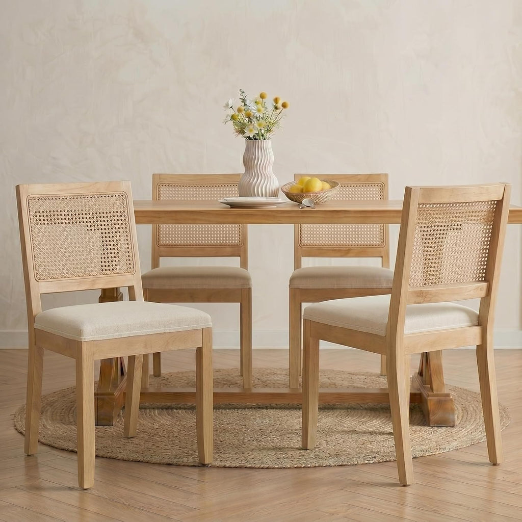 Vintage French Country Dining Chairs Set of 4, Rattan Dining Chairs with a Low Square Back, Beige 4 Dining Chair Set, Sillas para Comedor, Kitchen & Dining Room Chair (Beige, 4Pcs)