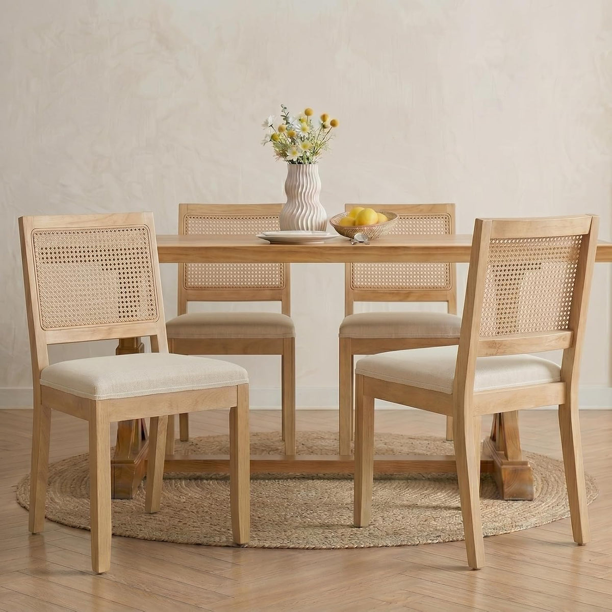 Vintage French Country Dining Chairs Set of 4, Rattan Dining Chairs with a Low Square Back, Beige 4 Dining Chair Set, Sillas para Comedor, Kitchen & Dining Room Chair (Beige, 4Pcs)