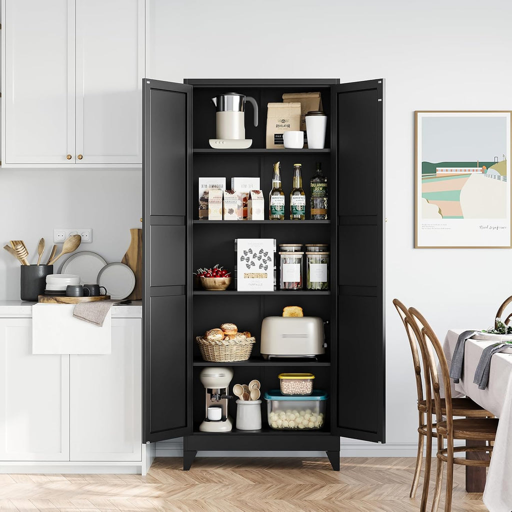STANI 74.8" H Tall Kitchen Cabinet, Black Metal Pantry Storage Cabinet, 4 Adjustable Shelves, Kitchen Pantry Storage for Dining Room, Living Room, Bathroom 74.8" H x 15.7" D x 31.5" W