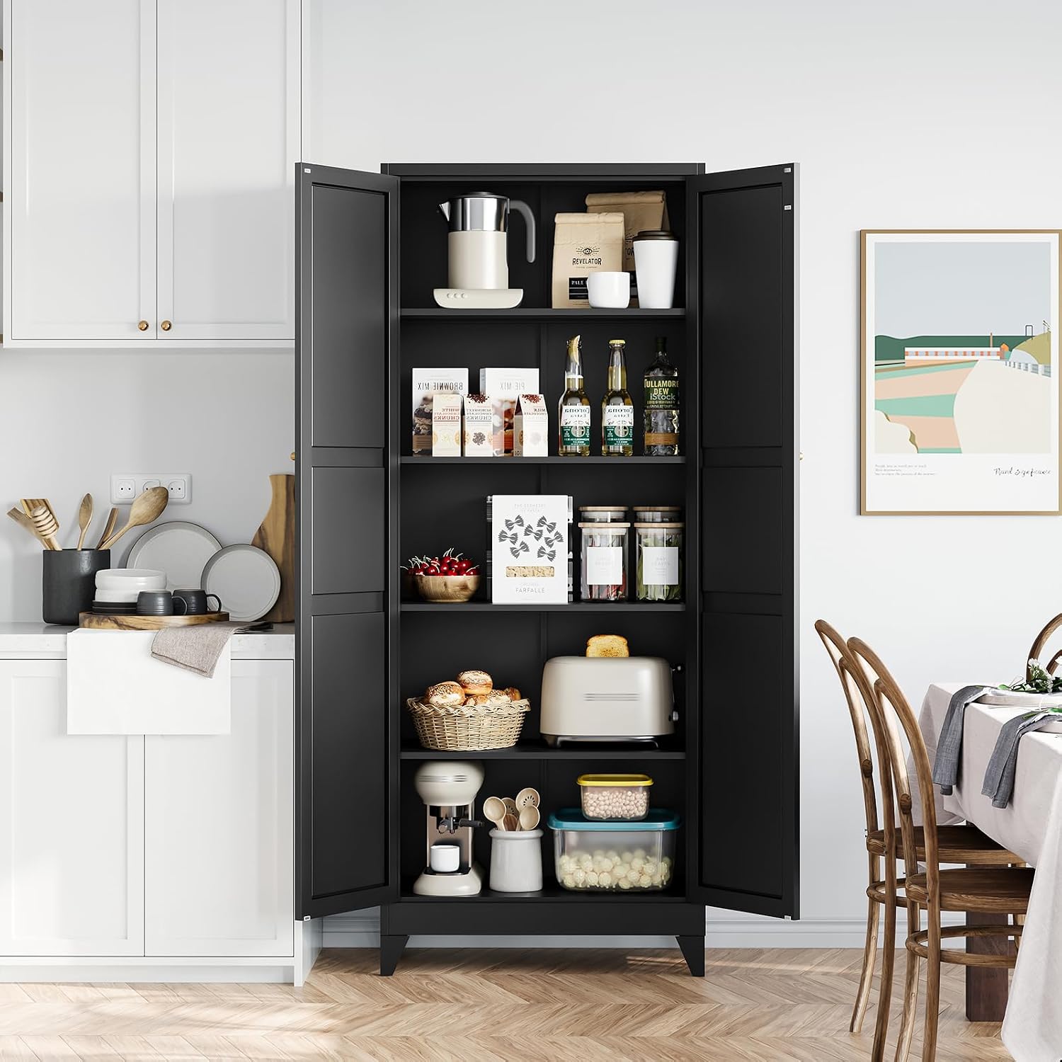 STANI 74.8" H Tall Kitchen Cabinet, Black Metal Pantry Storage Cabinet, 4 Adjustable Shelves, Kitchen Pantry Storage for Dining Room, Living Room, Bathroom 74.8" H x 15.7" D x 31.5" W