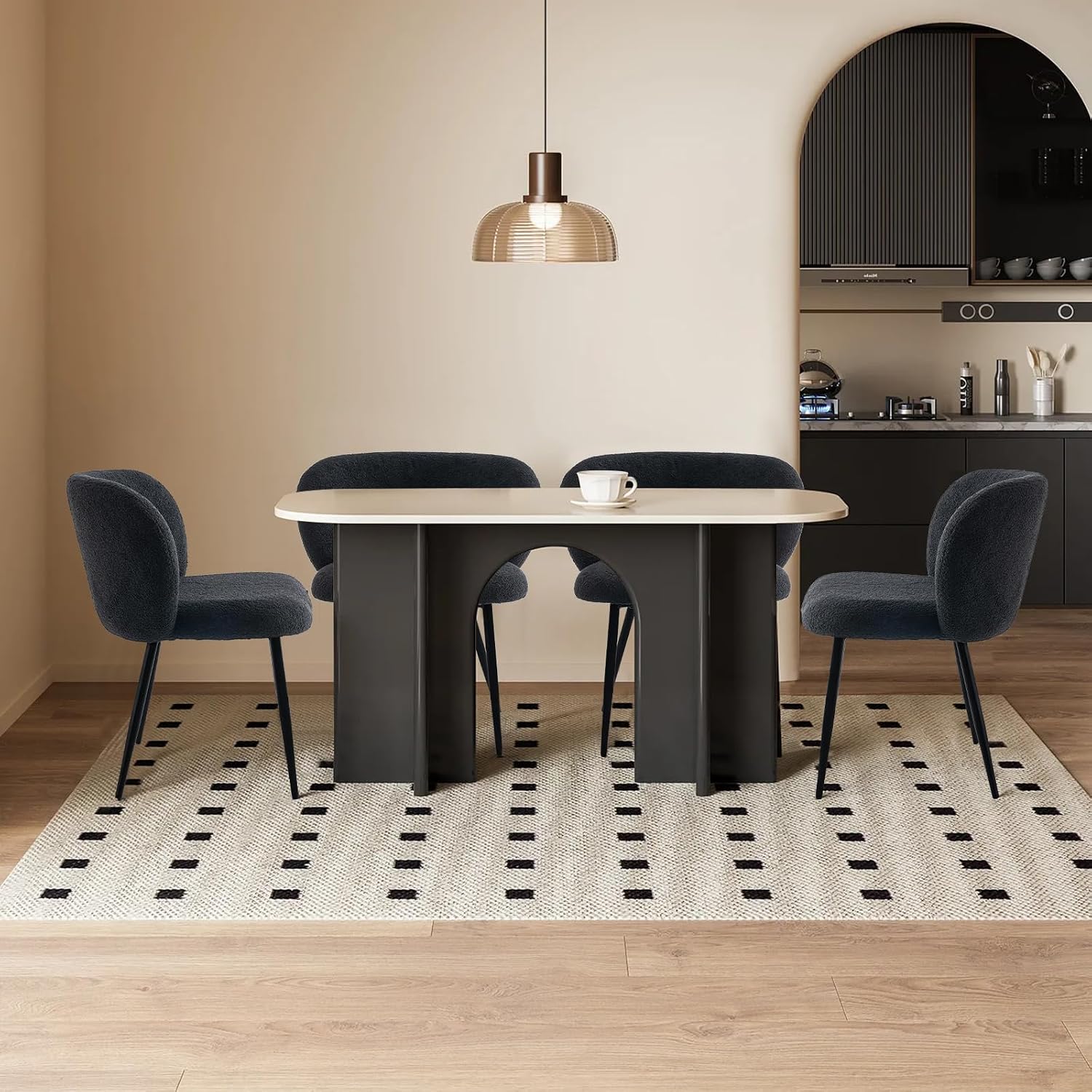 Modern Teddy Dining Chairs Set of 4, Comfy Kitchen Armless Chairs with Thick Cushions, Wingback Chair, Upholstered Dining Room Chairs with Metal Legs for Dining Room, Living, Black