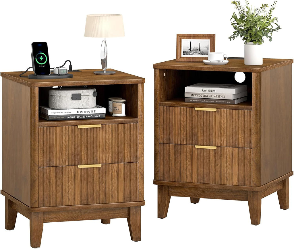 Night Stand Set of 2 with Charger Station, Fluted Nightstand with Drawers and Storage Shelf, Mid Century Modern Bedside Table Nightstands, Large Bed Side Table Wood Night Stands for Bedroom
