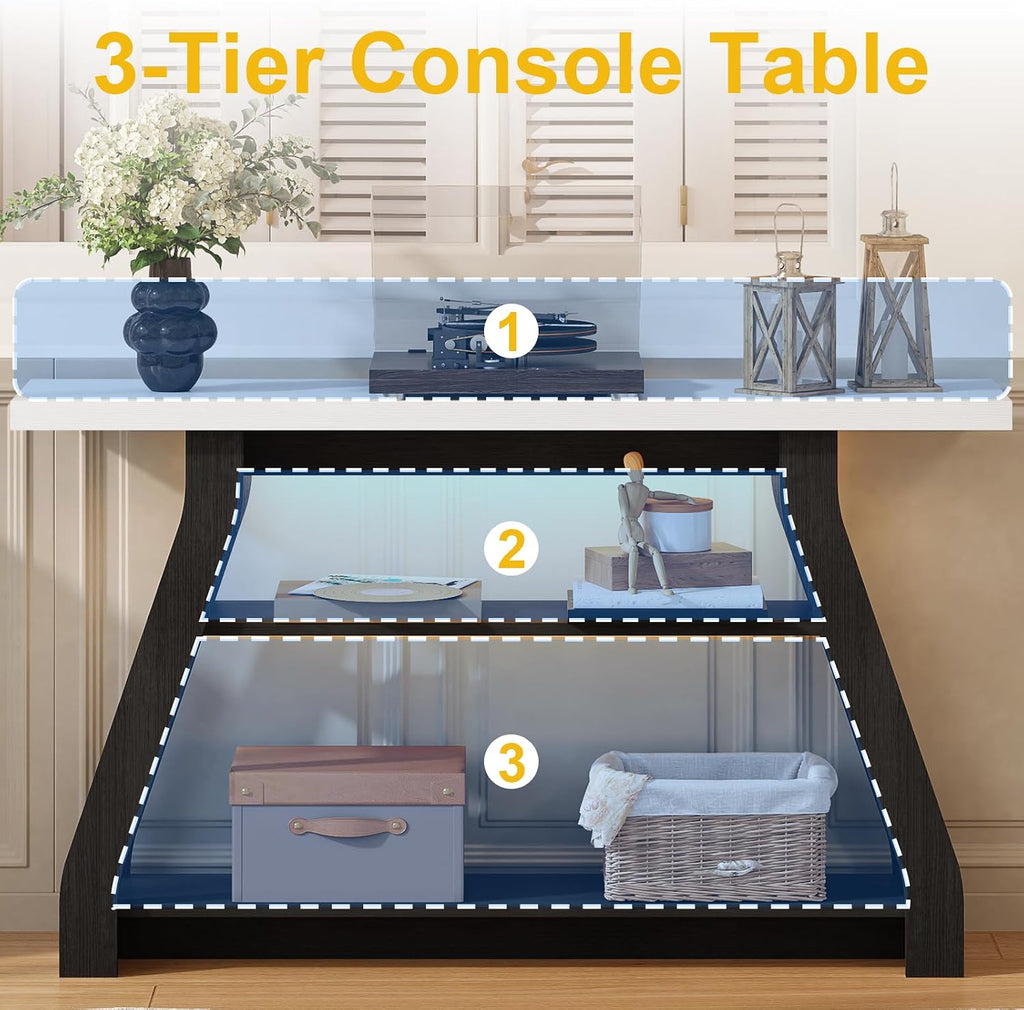 Console Table, 55-Inch Entryway Table with LED Light 3-Tier Narrow Wood Console Tables Behind Couch Sofa Tables for Living Room, Entryway, Hallway (Black+White)