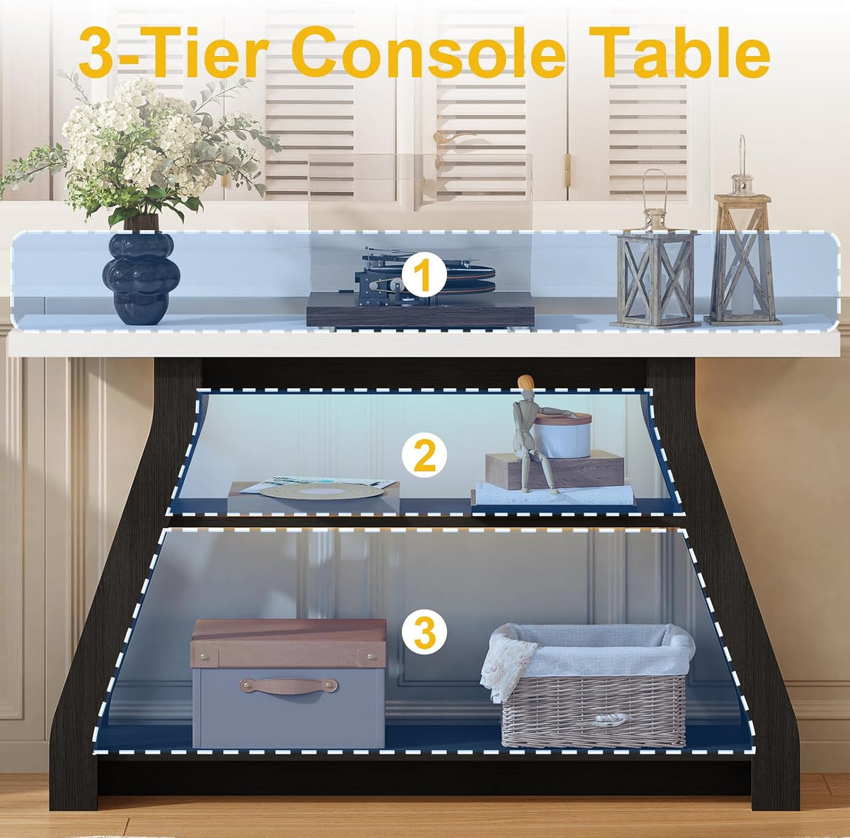 Console Table, 55-Inch Entryway Table with LED Light 3-Tier Narrow Wood Console Tables Behind Couch Sofa Tables for Living Room, Entryway, Hallway (Black+White)