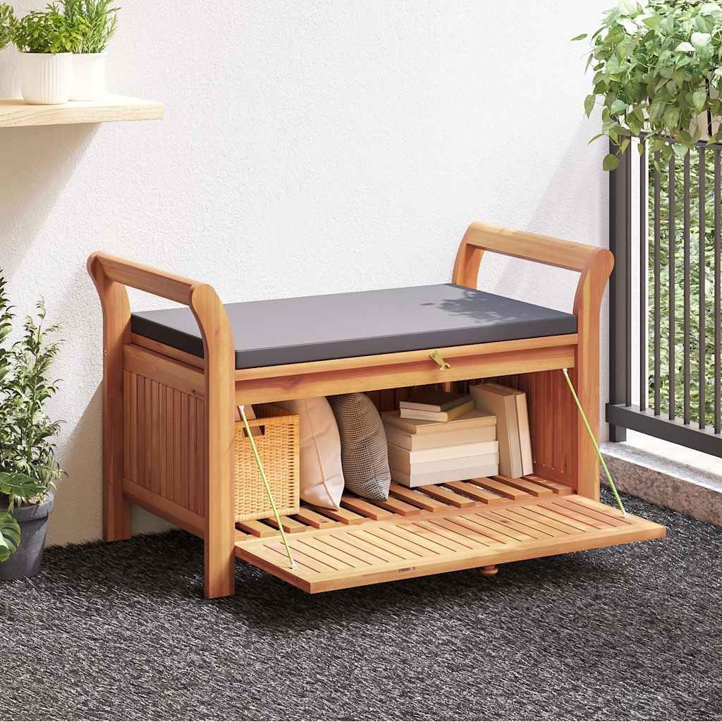 Garden Storage Bench with Cushion, Solid Acacia Wood Outdoor Storage Bench, Comfortable Seating and Ample for Garden Tools