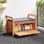 Solid Acacia Wood Patio Storage Bench with Cushion, 35.8 Inch Outdoor Bench for Garden, Curved Arms, Ample Storage for Pillows and Blankets