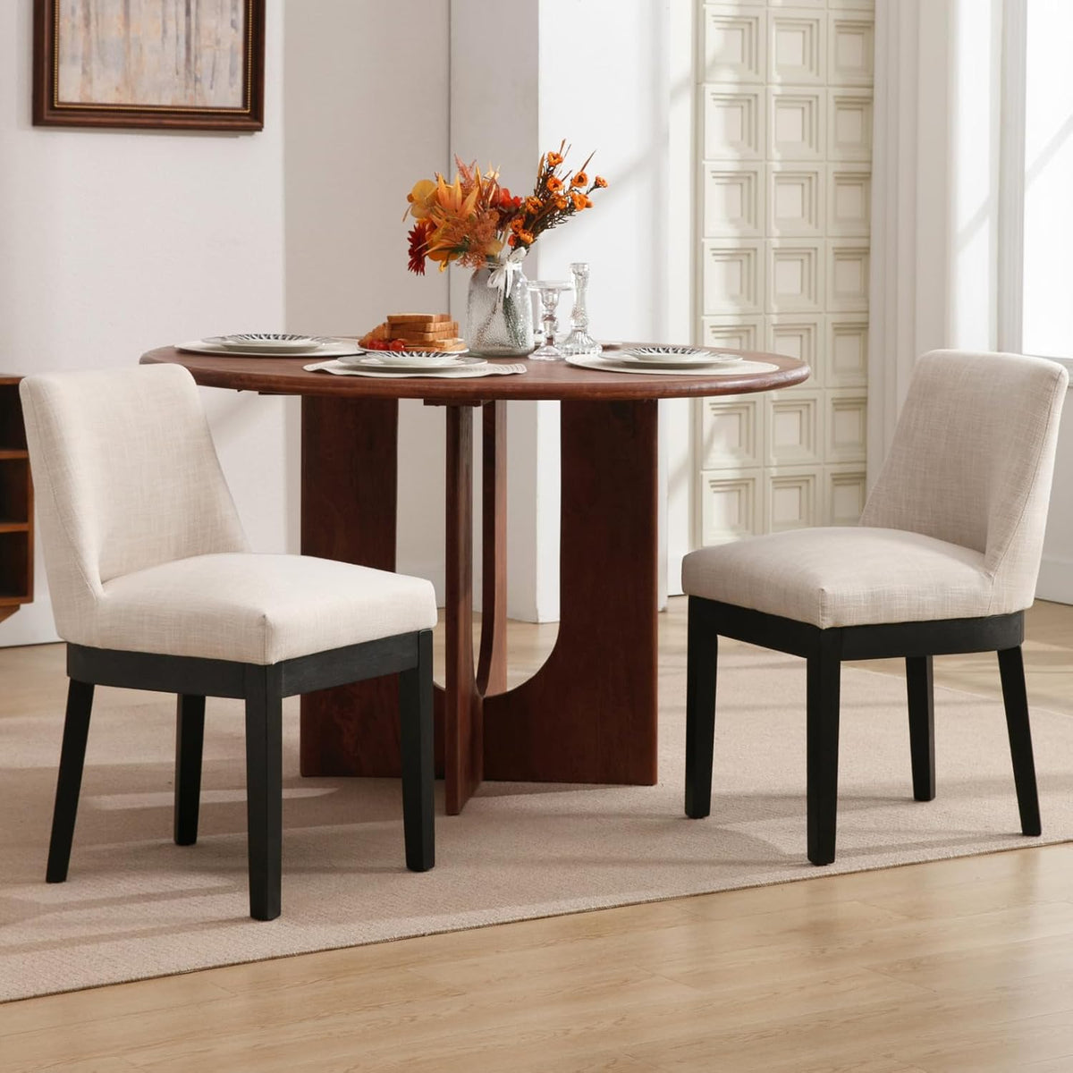 Linen Dining Chairs Set of 2, Upholstered Dining Room Chair with Black Wood Legs, Farmhouse Kitchen Chairs with Mid Back, Comfy Armless Side Chair for Living Room/Restaurant, Beige