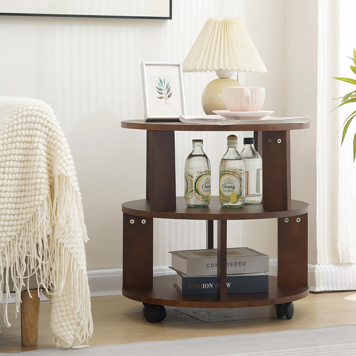 Solid Wood Coffee Table with Wheels,Modern Rolling Side Table for Living Room,Mobile Bedside End Table - Easy Assembly- Finish Circle Center Table with Lockable Casters