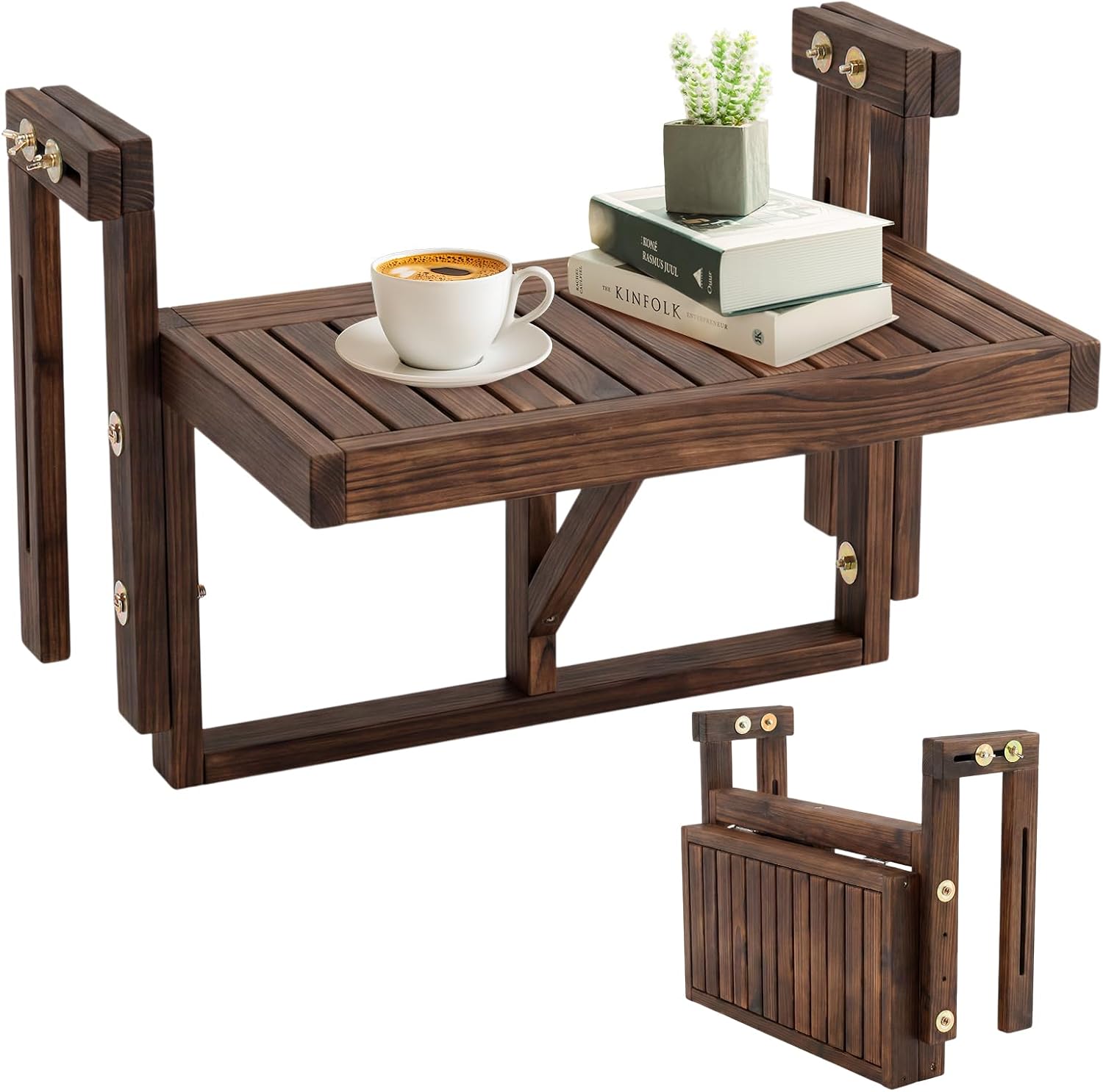 VINGLI 22in Acacia Wood Folding Balcony Hanging Table – Adjustable Height & Width, Balcony Railing Table Ideal for Different Railing Widths, Perfect for Balcony, Patio, Rectangular,Carbonized Color