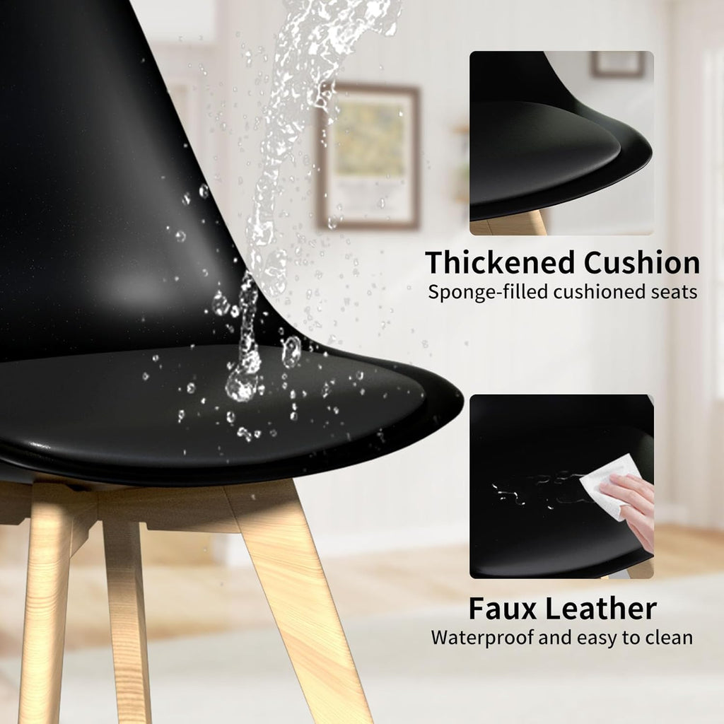 YLGJ&TIDY Modern Dining Chairs Set of 4 PU Leather Upholstered Chairs with Wooden Legs Mid Century Soft Padded Kitchen Chairs for Living Room Bedroom Dining Room Patio (Black, Pack of 4)