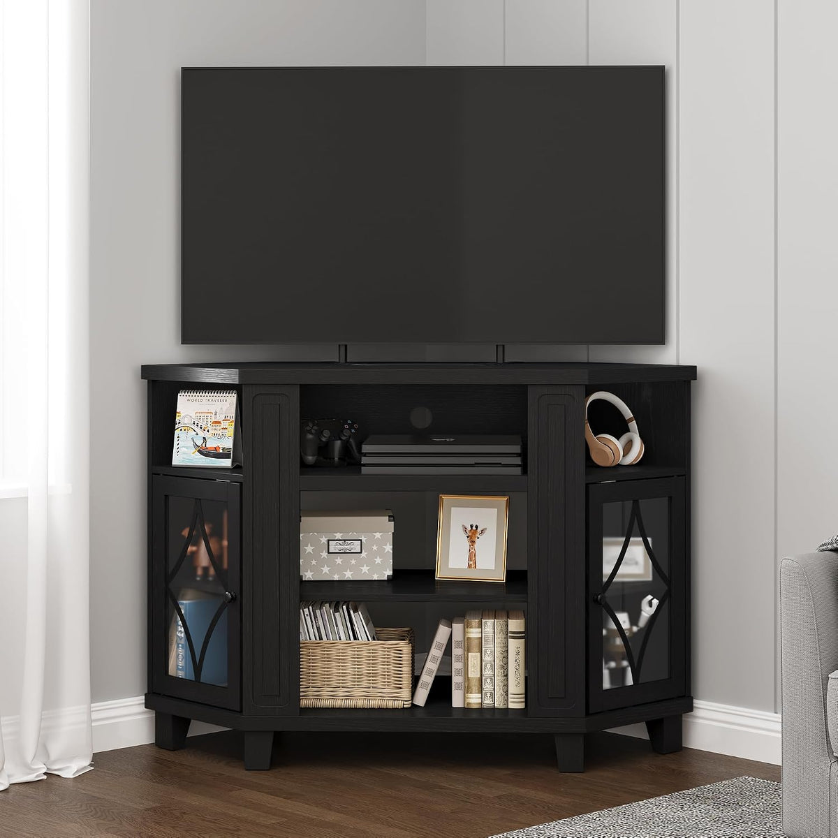RoyalCraft Corner TV Stand for TVs up to 55 Inch: Corner Tall Entertainment Center with Storage, Modern Wood Media Console Cabinet for Living Room, Bedroom, Satin Black