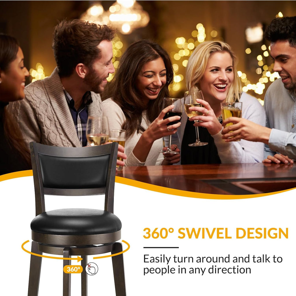 PrimeZone Swivel Bar Stools Set of 2, 24 Inch Counter Height Barstools | Black Faux Leather, High Backrest, Solid Rubberwood Frame, Wrap-around Footrest, Counter Stools for Kitchen Island, Pub