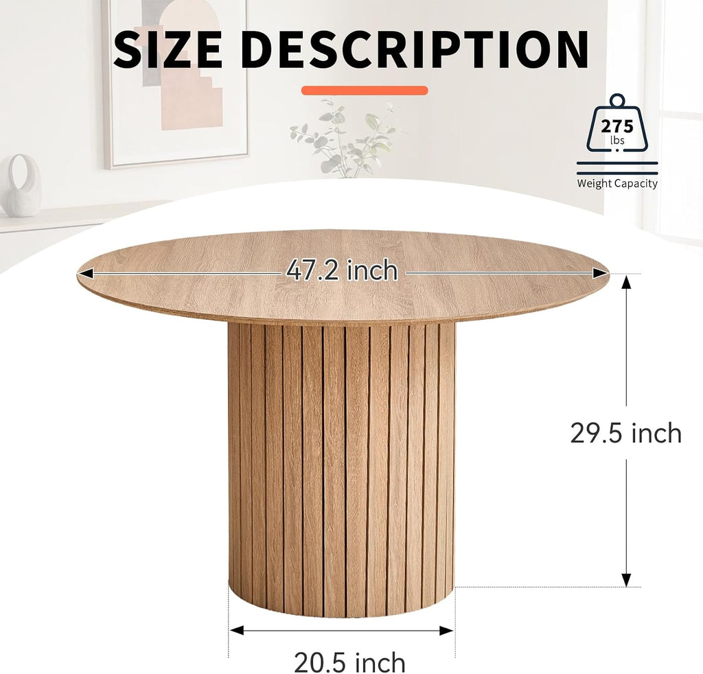 47" Modern Round Dining Table for 4 with Heavy Base, Natural | Farmhouse Kitchen Table Chamfered Edge Tabletop Circle Pedestal Dinner Table for Apartment Dining Living Room, Metal Frame
