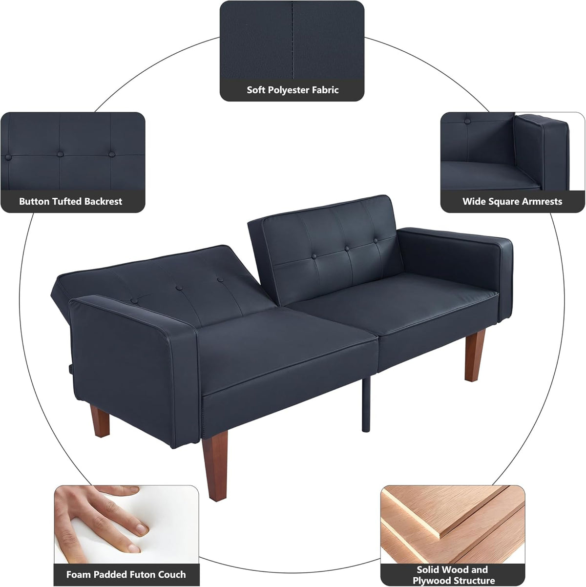 mikibama Convertible Futon Sofa Bed with Split Back,Mid Century Modern Sleeper Couch Beds,68.11" Futons for Living Room RV,Tufted Small Love Seat for 2 People Small Spaces (Black, 68.11")