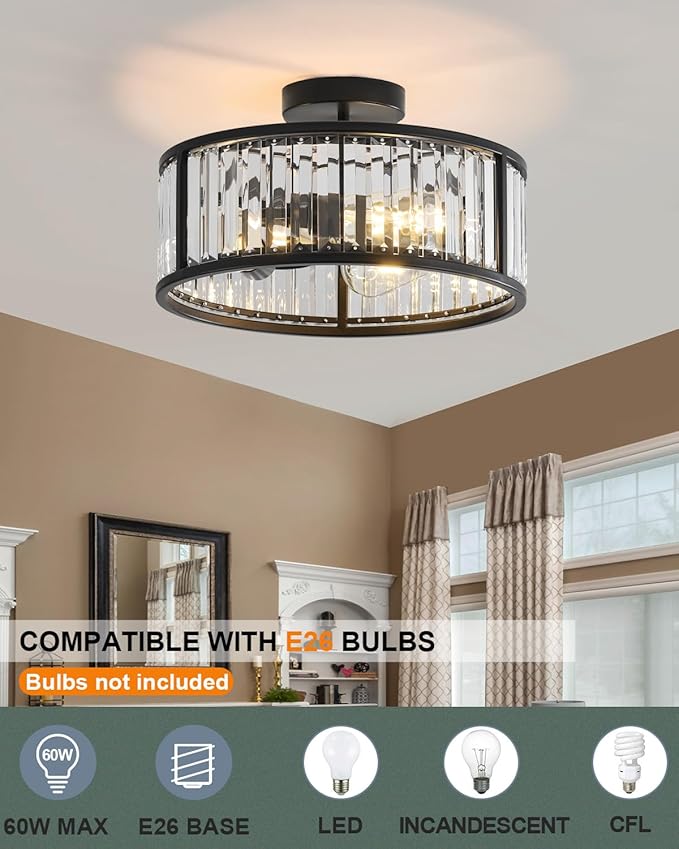Black Flush Mount Ceiling Light, 2- Light Caged Crystal Chandelier, Small Drum Hallway Light fixtures Ceiling Mount (14 INCH Black)